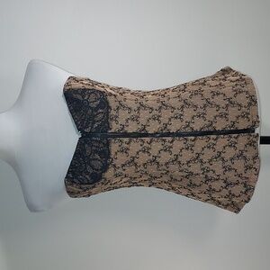 Only Hearts Tan Black Lace Zip Up Mid 2000's Corset Bustier Intimate Lingerie L